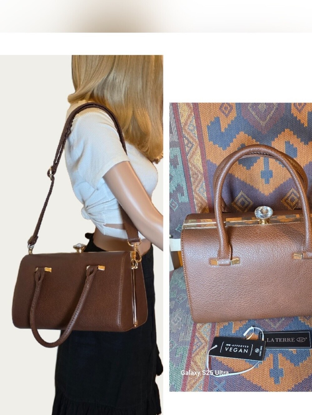 La Terre Fashion Vegan Leather Brown Satchel Handbag Rhinestone Clasp With Strap